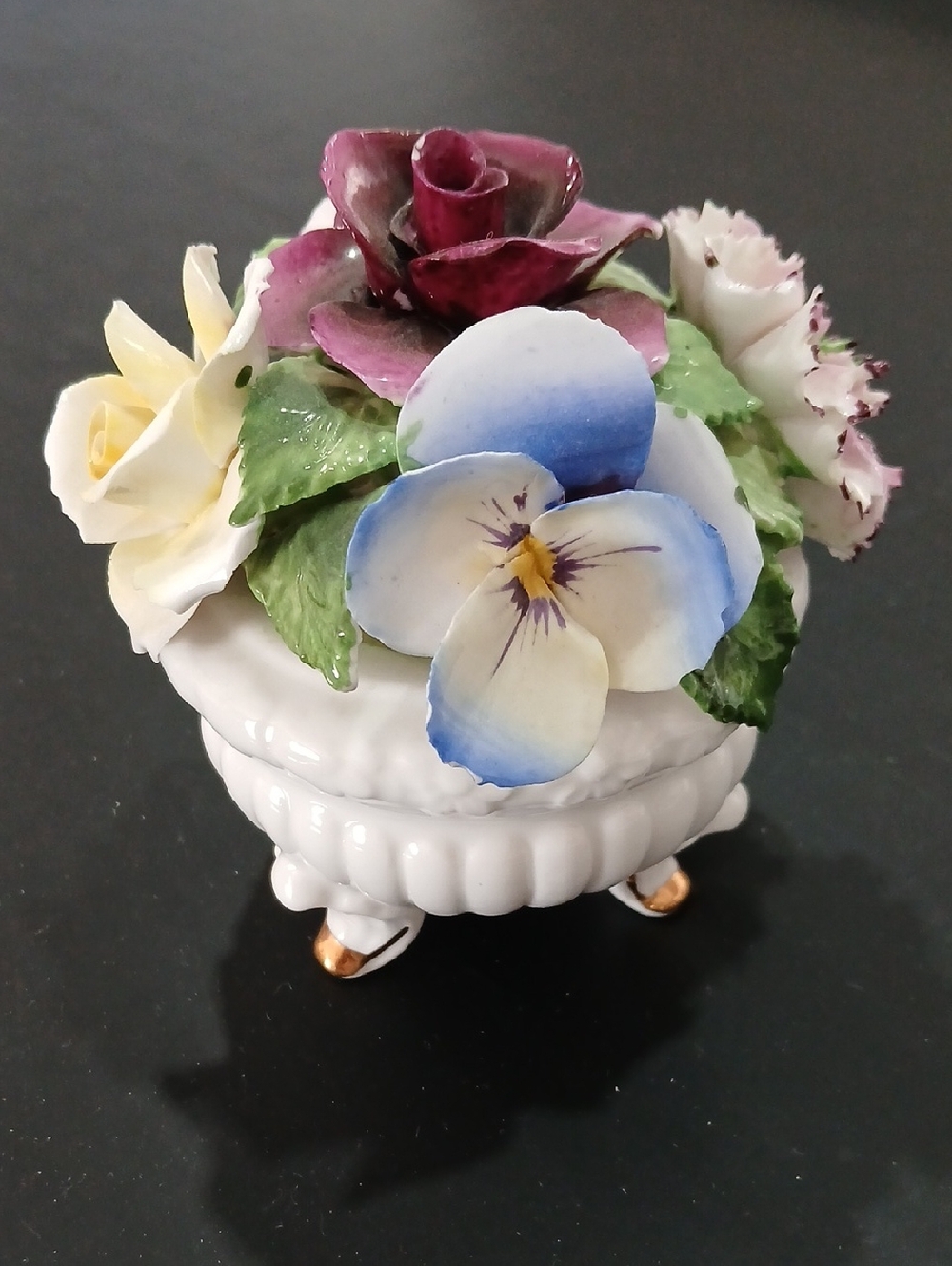 Porcelain Floral Trinket Box with Blue and Pink Flower Accents